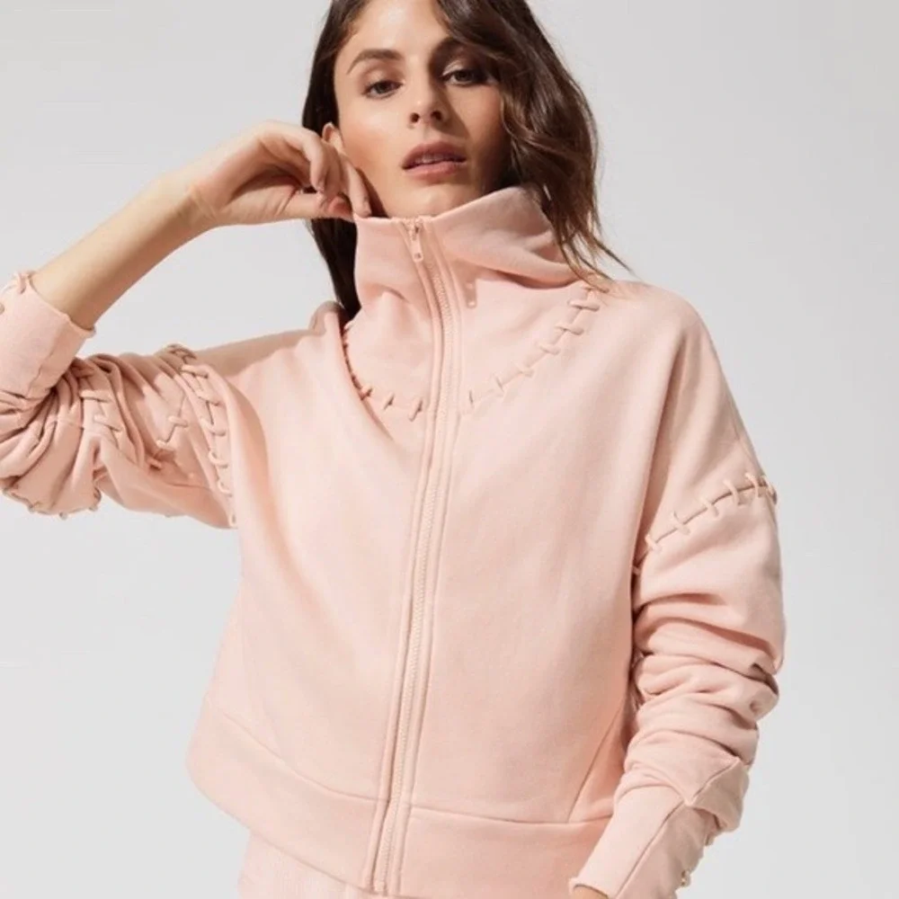 Alo Yoga Interlace Full Zip Jacket Pink Whipstitch Lace Up Cropped Sweatshirt